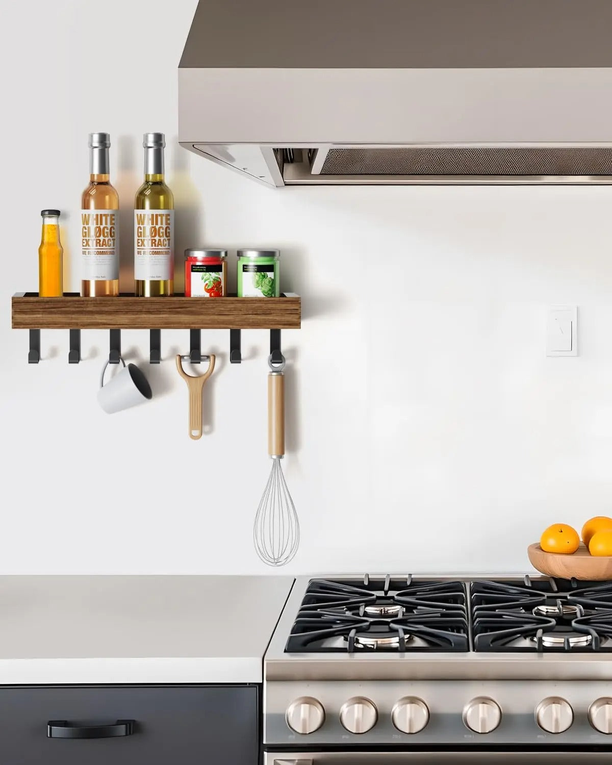 Étagère Murale En Bois Naturel À Rebords et Crochets Métalliques À Fixations Invisibles