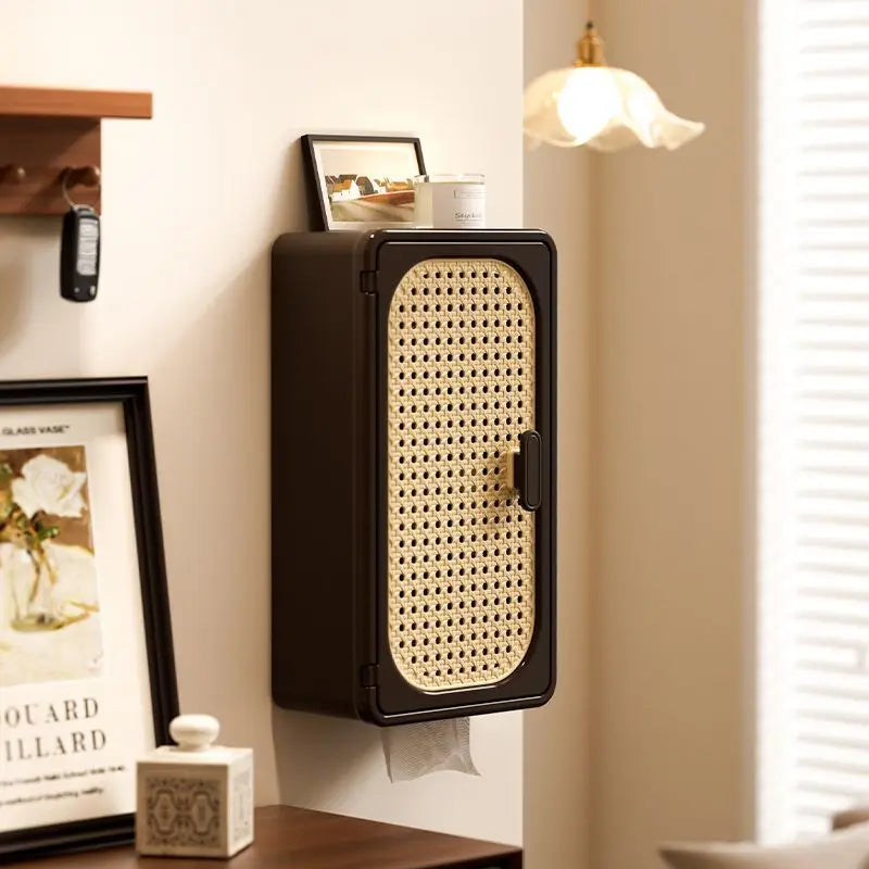 Étagère Murale Noire À Tiroir Effet Rotin À Fixations Invisibles