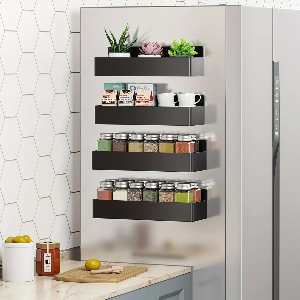 Étagère Murale Magnétique Noire À Épices De Cuisine À Rebords Sans Percer