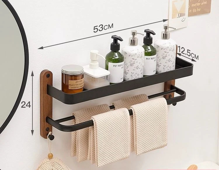 Étagère Murale De Salle De Bain À Fixations Invisibles En Bois À Rebords Et Porte Serviette Métalliques