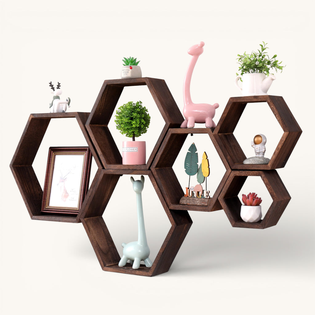 Étagère Murale Cube Hexagonal En Bois Foncé