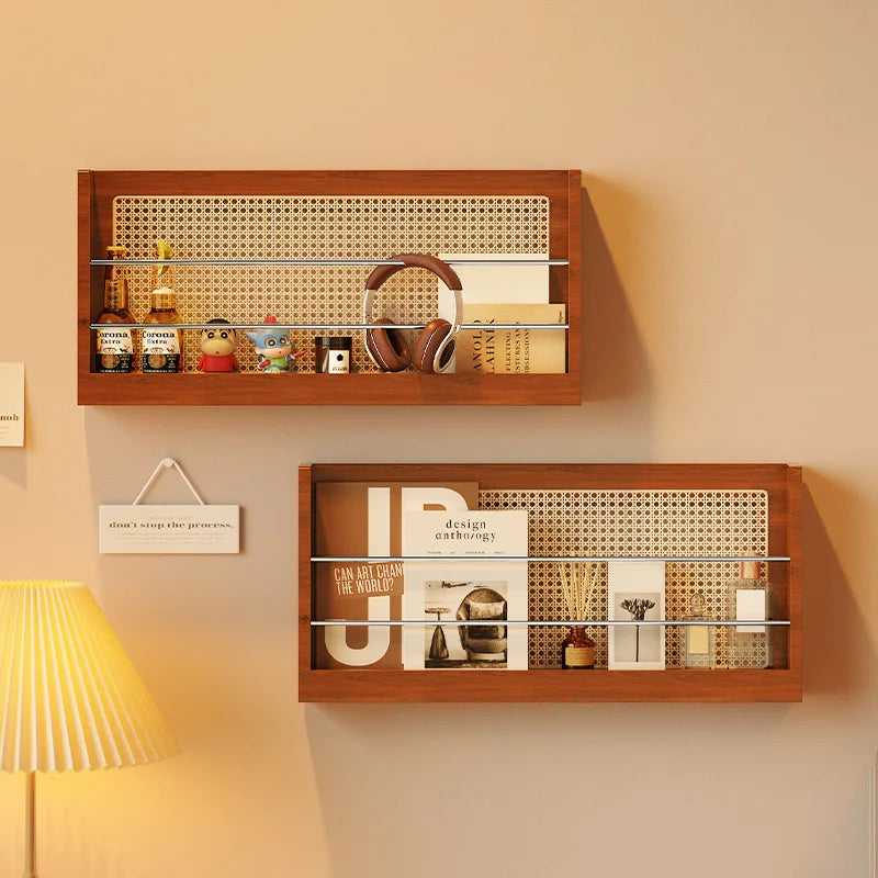 Étagère Murale Vintage En Bois Naturel Foncé Et En Rotin À Rebords Métalliques