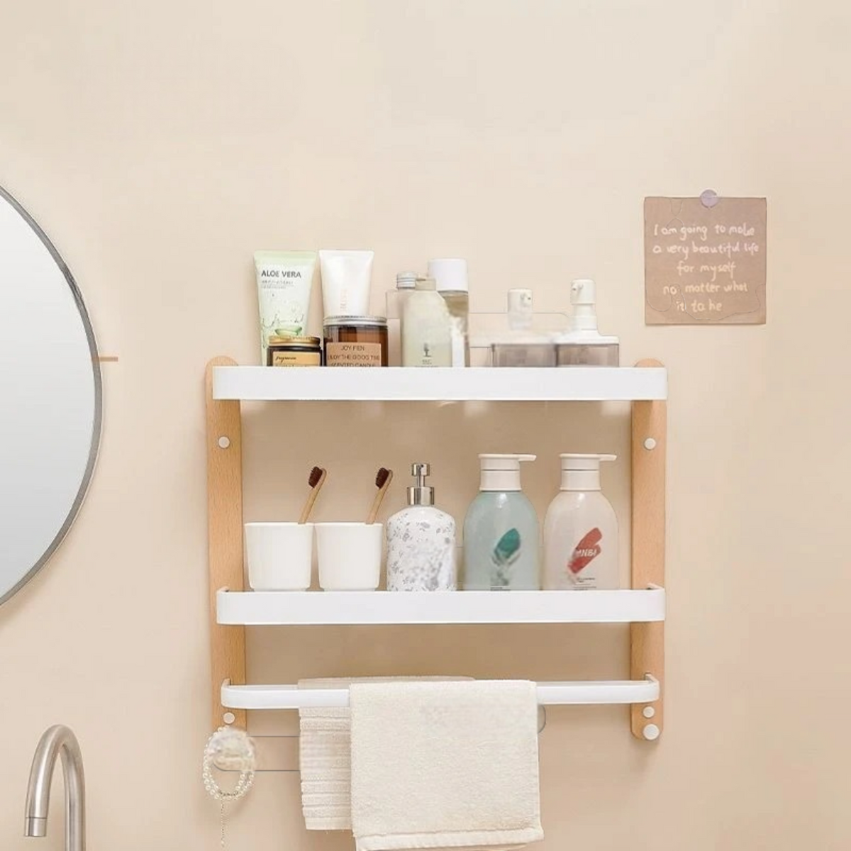 Étagère Murale De Salle De Bain À Fixations Invisibles En Bois À Rebords Et Porte Serviette Métalliques