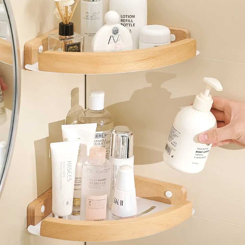 Étagère Murale D'Angle Blanche De Salle De Bain À Rebords En Bois Naturel Clair À Fixations Invisibles