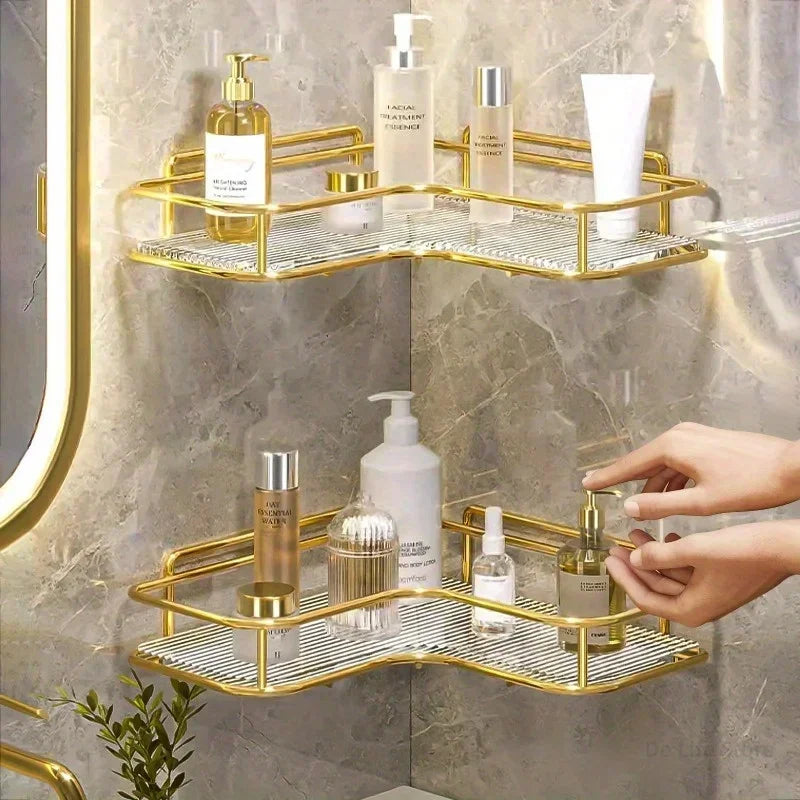 Étagère Murale Métallique D'angle De Salle De Bain Dorée À Rebords Sans Percer