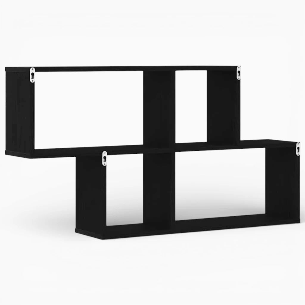 Étagère Murale Noire En Bois Naturel À Deux Étages