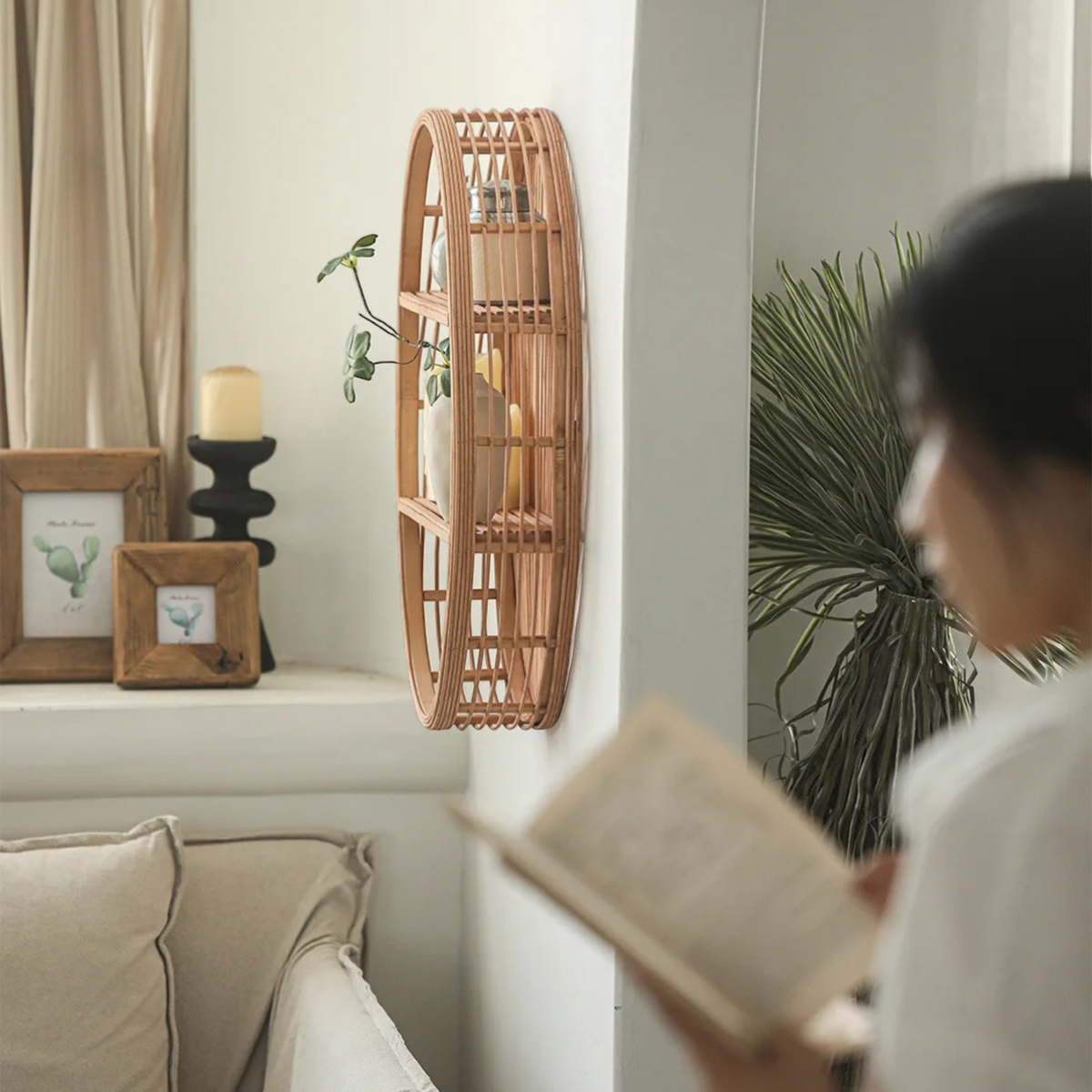 Étagère Murale Ronde En Bambou Et Rotin À Double Étages À Fixations Invisibles