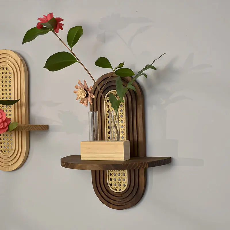 Étagère Murale De Salon En Bois Naturel et Rotin À Fixations Invisibles