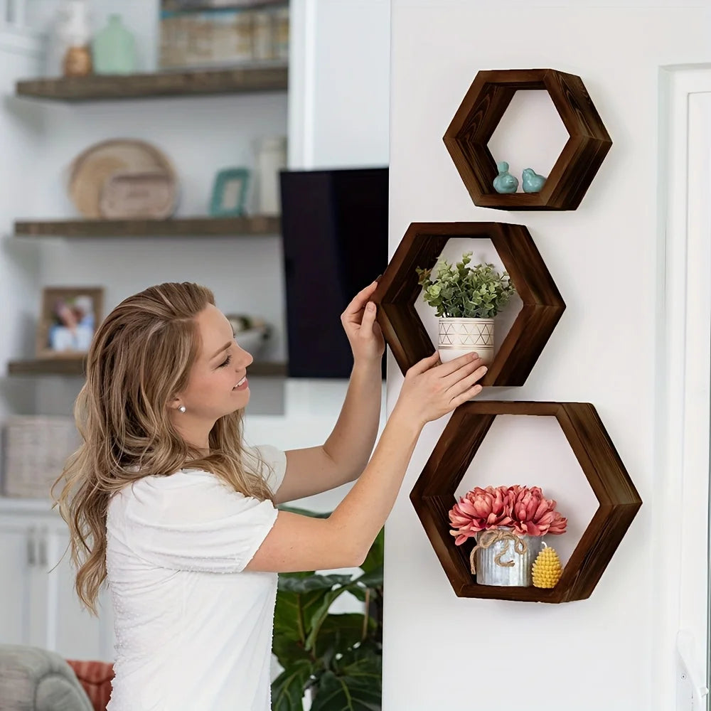 Étagère Murale Cube Hexagonal En Bois Foncé