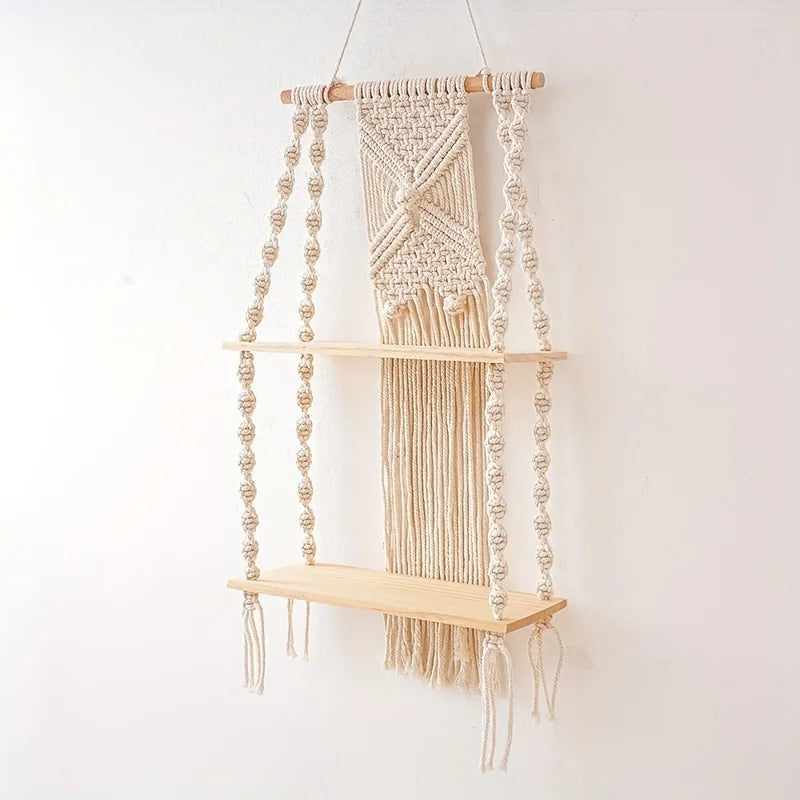 Étagère Murale Blanche Suspendue En Bois Naturel Clair À Deux Étages Sans Percer