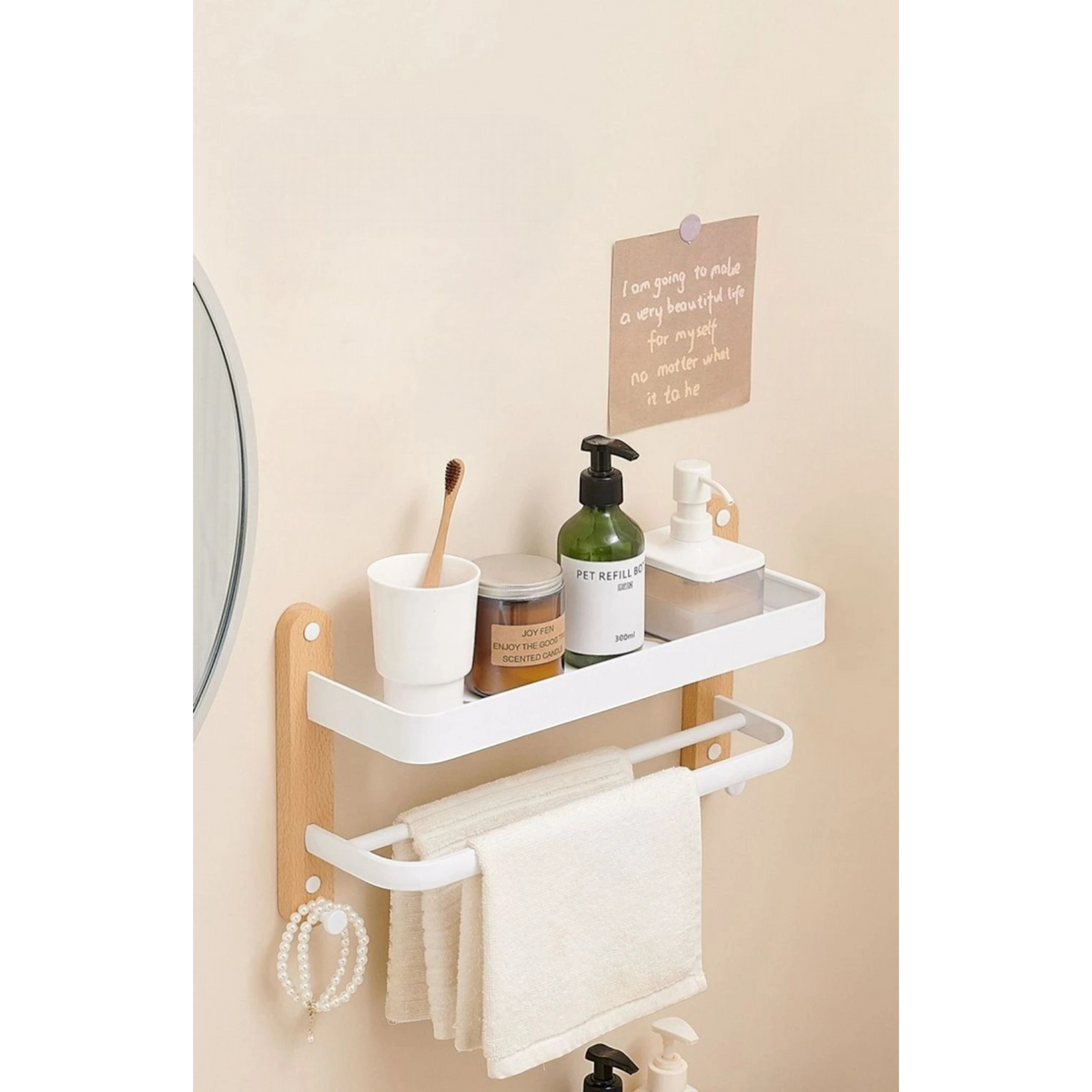 Étagère Murale De Salle De Bain À Fixations Invisibles En Bois À Rebords Et Porte Serviette Métalliques