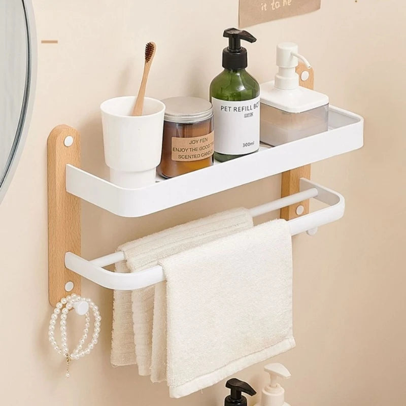 Étagère Murale De Salle De Bain À Fixations Invisibles En Bois À Rebords Et Porte Serviette Métalliques
