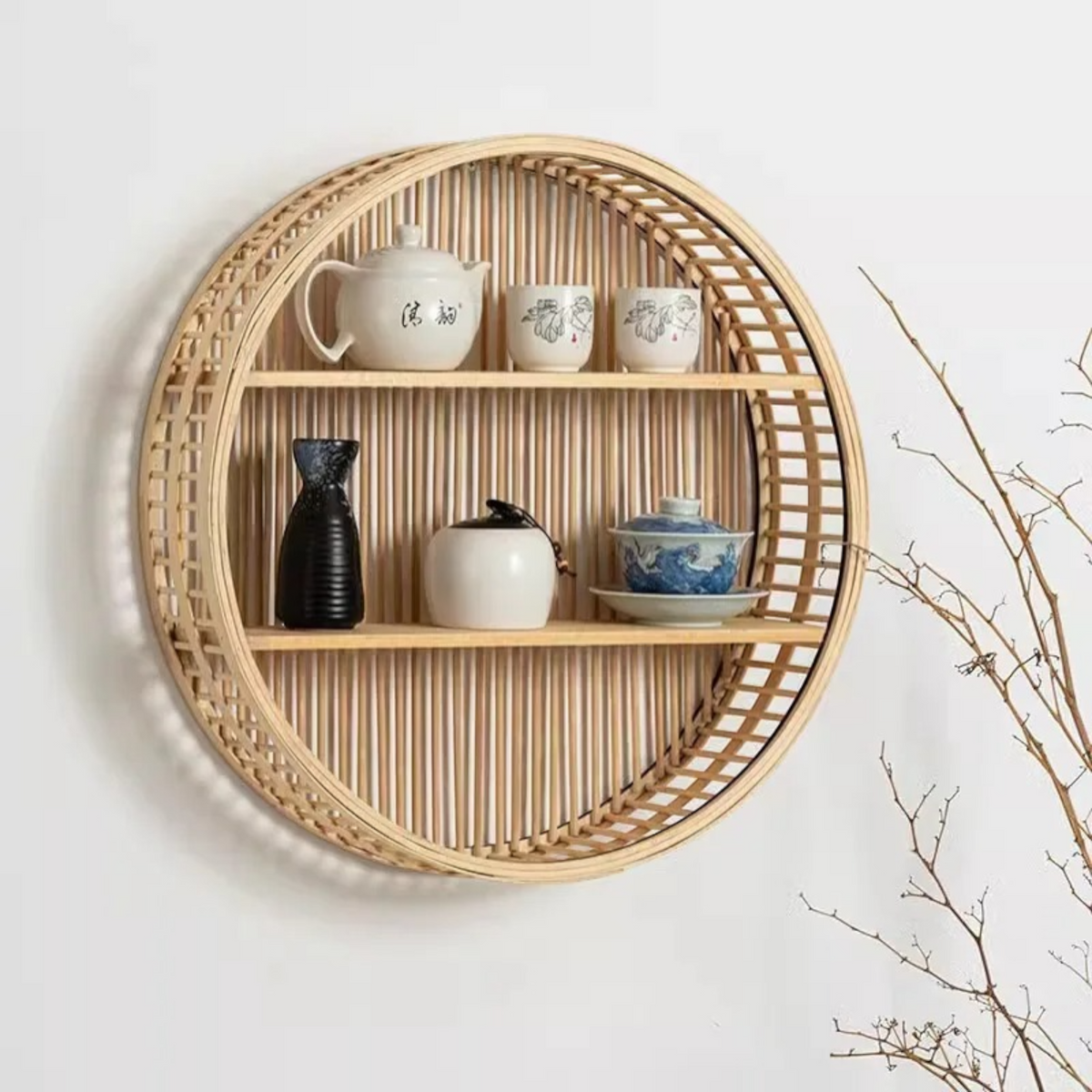 Étagère Murale Ronde En Bambou Et Rotin À Double Étages À Fixations Invisibles