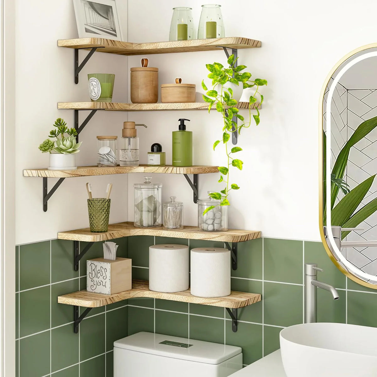 Étagère Murale D'angle Vintage En Bois Naturel À Fixations Métalliques