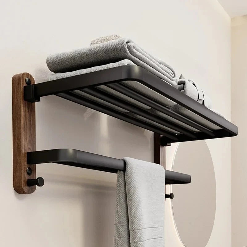 Étagère Murale Métallique De Salle De Bain Porte Serviette En Bois Foncé