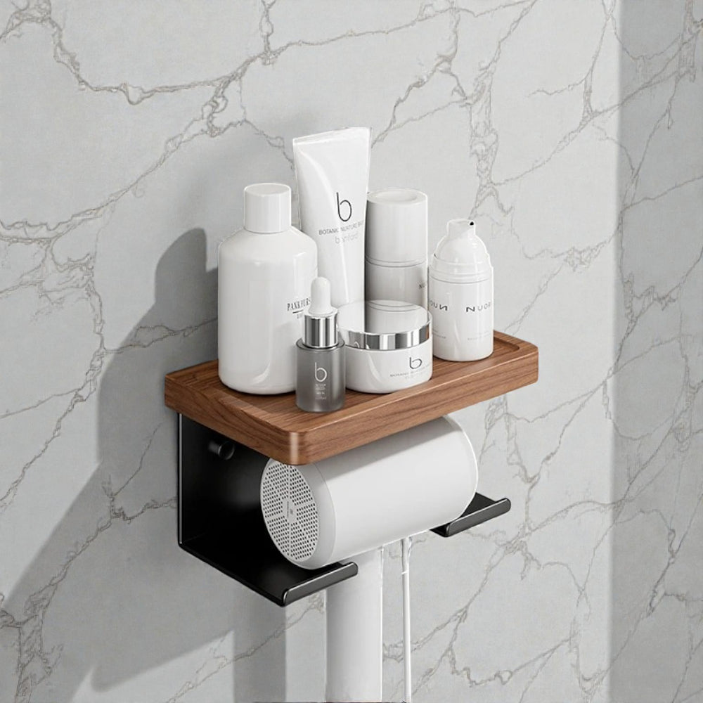 Étagère Murale De  Salle De Bain Avec Porte Sèche Cheveux En Bois