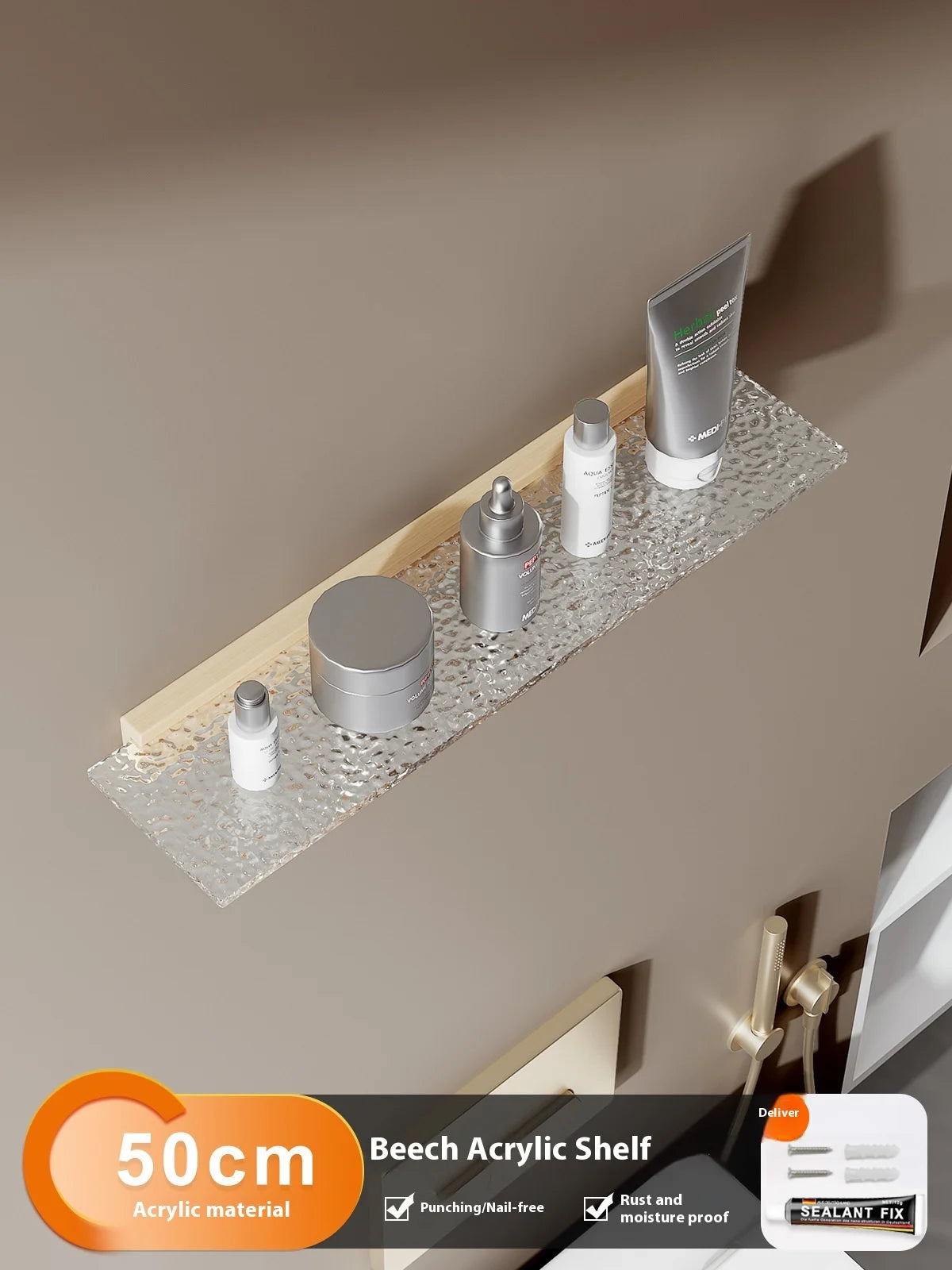 Étagère Murale De Salle De Bain À Fixations Invisibles En Bois Et Acrylique