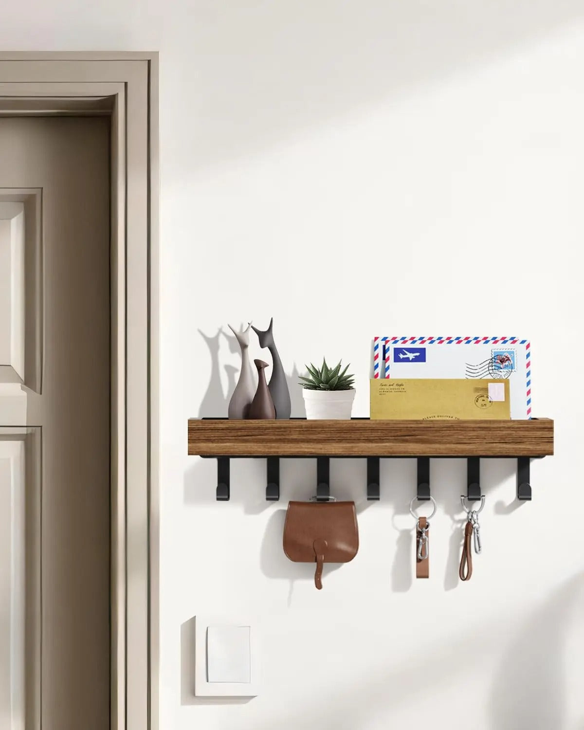 Étagère Murale En Bois Naturel À Rebords et Crochets Métalliques À Fixations Invisibles