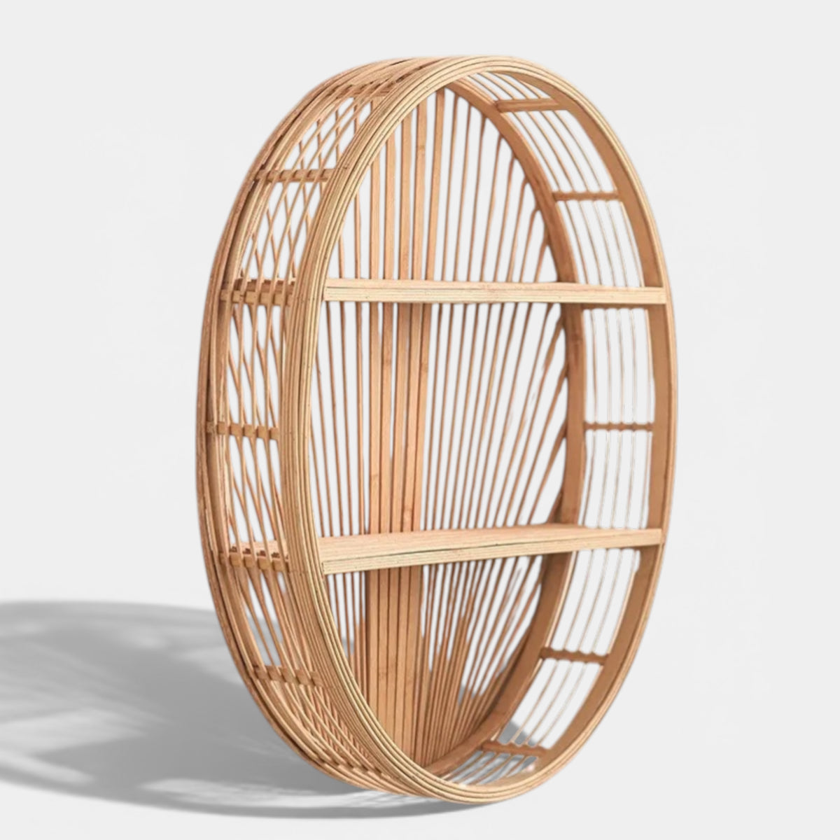 Étagère Murale Ronde En Bambou Et Rotin À Double Étages À Fixations Invisibles